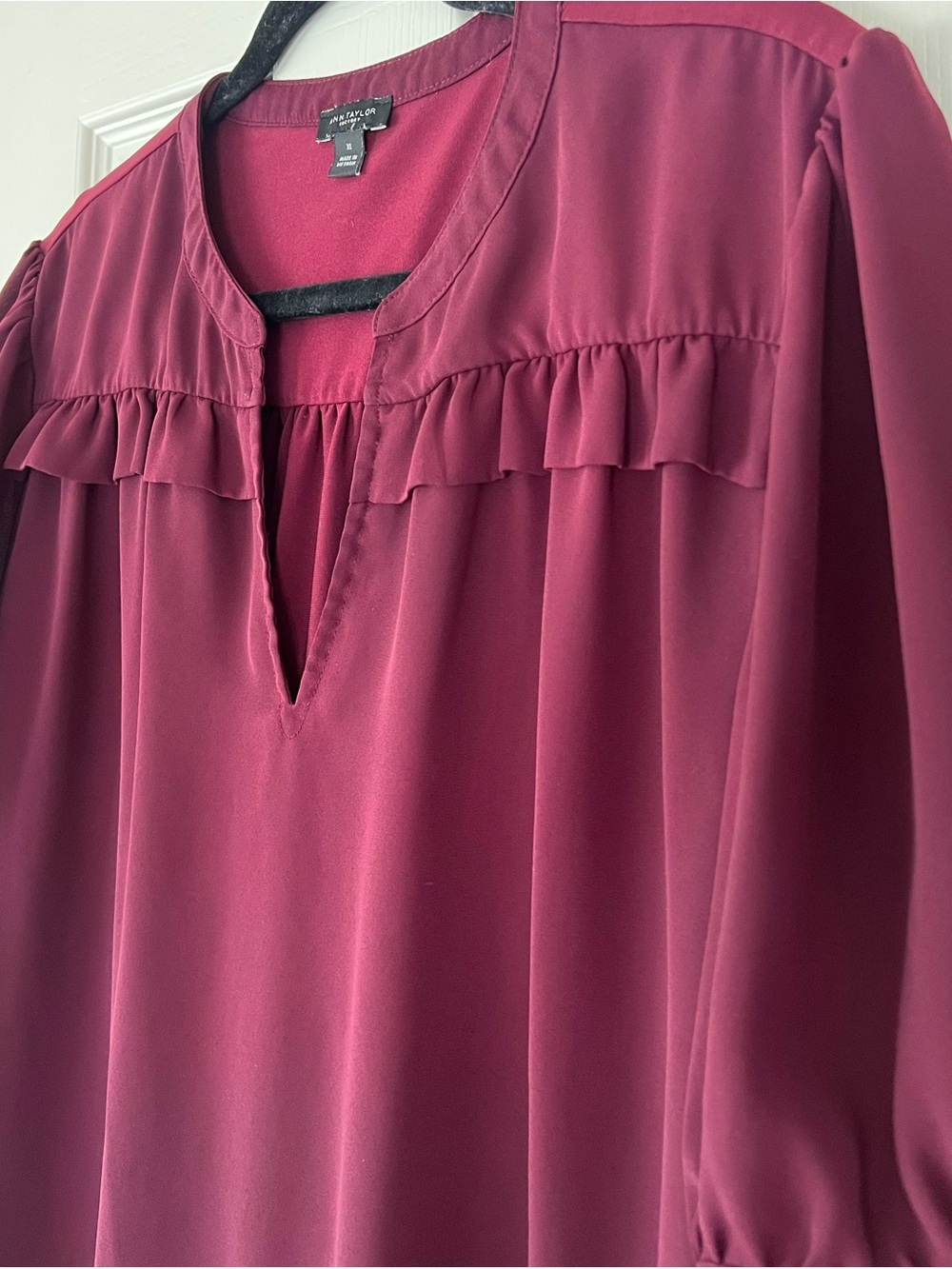 Ann Taylor Factory Plum Ruffle-Trim Split-Neck Blouse - Picture 3 of 4